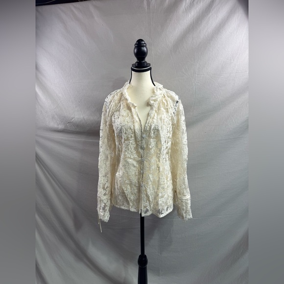 Boho Embroidered Lace Mesh Sheer Blouse Beige - Picture 6 of 8
